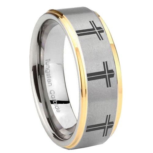 10mm Multiple Christian Cross Step Edges Gold 2 Tone Tungsten Carbide Mens Ring