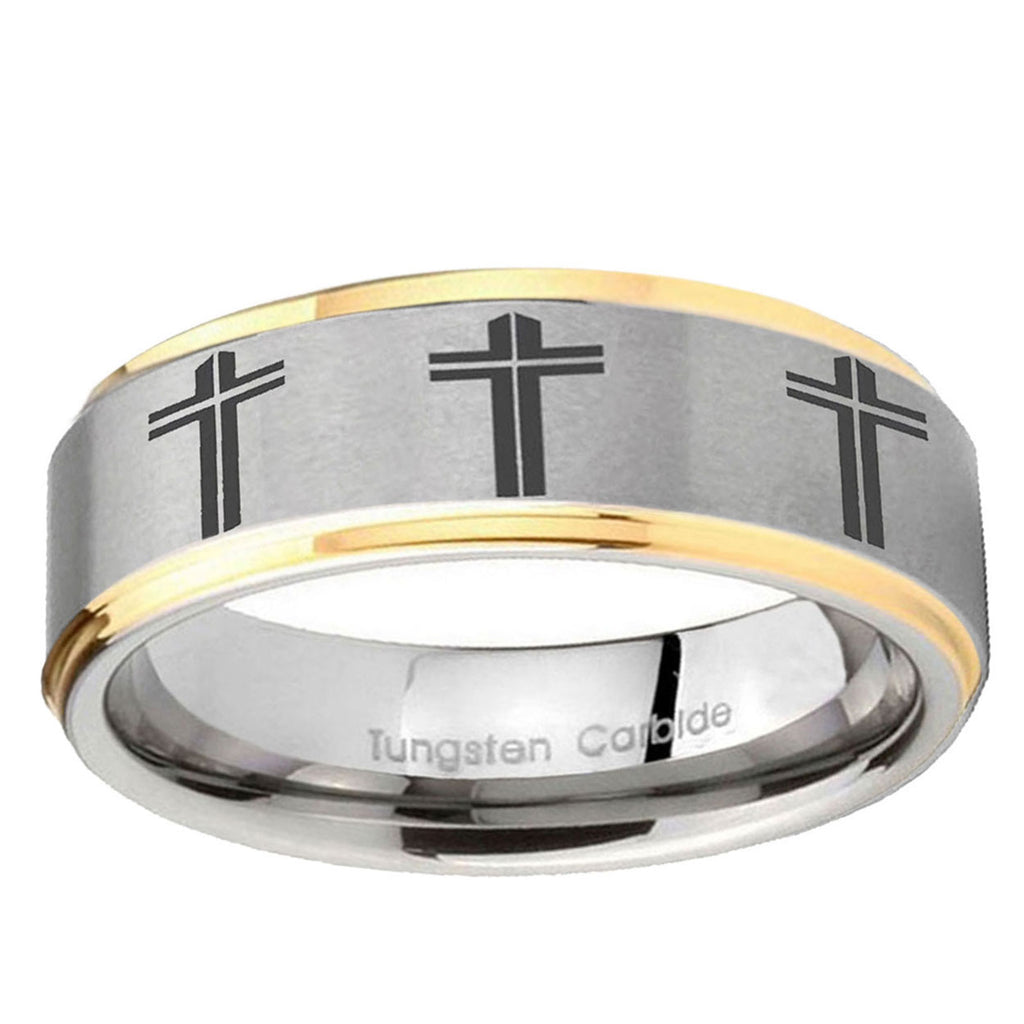 10mm Multiple Christian Cross Step Edge Gold 2 Tone Tungsten Carbide Mens Ring