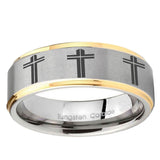 5, 8mm Multiple Christian Cross Step Edge Gold 2 Tone Tungsten Mens Wedding Band