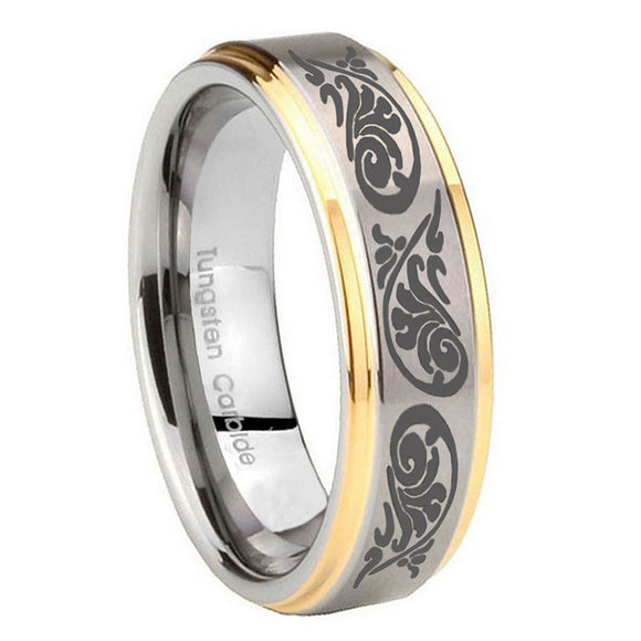8mm-Etched-Tribal-Pattern-Step-Edges-Gold-2-Tone-Tungsten-Men's-Wedding-Band