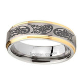 10mm-Etched-Tribal-Pattern-Step-Edges-Gold-2-Tone-Tungsten-Mens-Wedding-Band