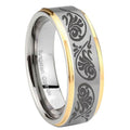 8mm Etched Tribal Pattern Step Edge Gold 2 Tone Tungsten Band