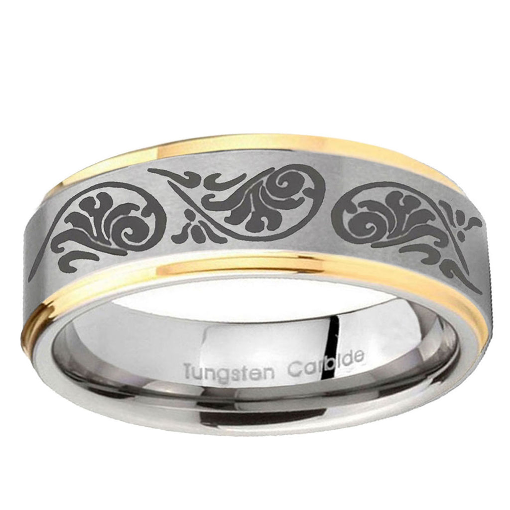 5mm Etched Tribal Pattern Step Edge Gold 2 Tone Tungsten Band