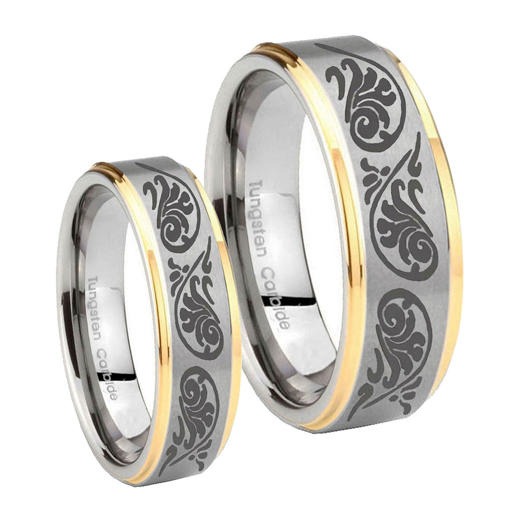 Etched Tribal Pattern Step Edges Gold 2 Tone Tungsten Bridal Set Rings