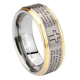 10mm-Etched-Lord's-Prayer-Cross-Step-Edges-Gold-2-Tone-Tungsten-Carbide-Bands-Ring