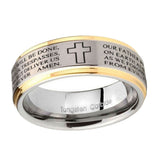 10mm-Etched-Lord's-Prayer-Cross-Step-Edges-Gold-2-Tone-Tungsten-Carbide-Bands-Ring