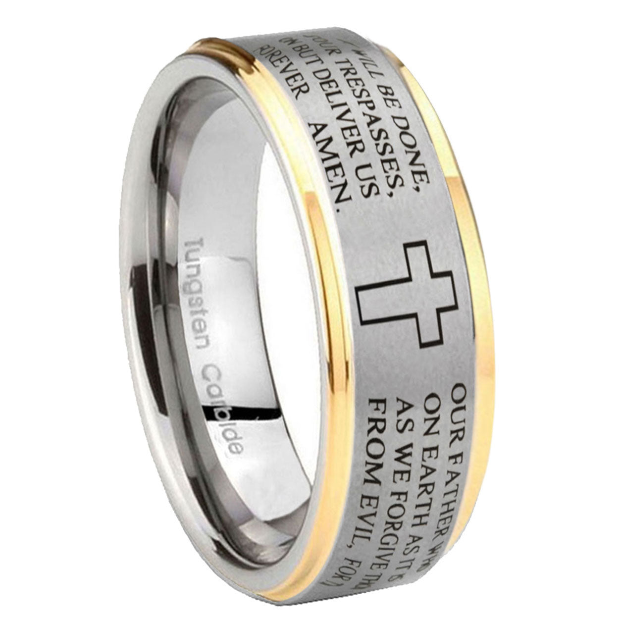 10mm Etched Lord's Prayer Cross Step Edges Gold 2 Tone Tungsten Carbide Bands Ring