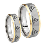 His Hers Multiple Pester Master Masonic Step Edges Gold 2 Tone Tungsten Mens Ring Set