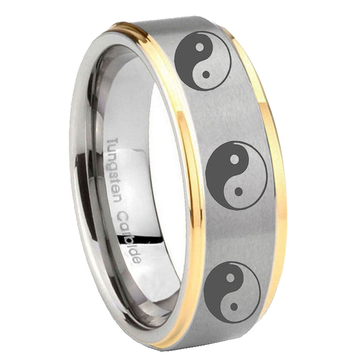 8mm Multiple Yin Yang Step Edge Gold 2 Tone Tungsten Ring