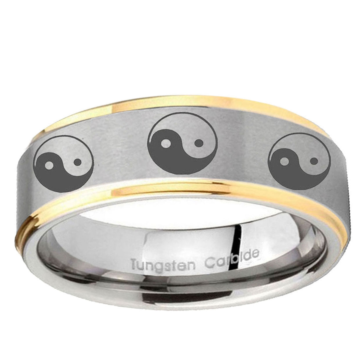 5mm Multiple Yin Yang Step Edge Gold 2 Tone Tungsten Ring