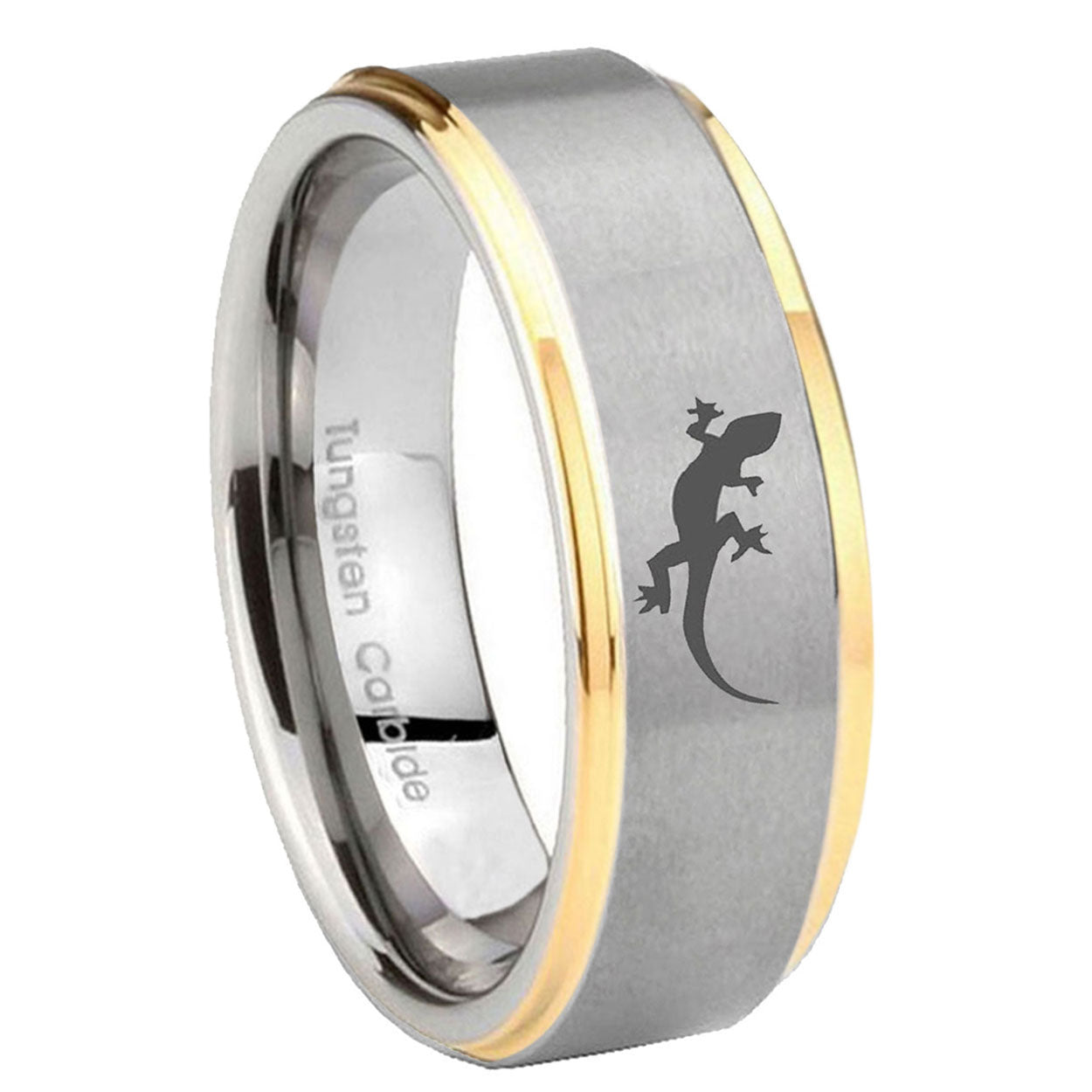10mm Lizard Step Edges Gold 2 Tone Tungsten Carbide Wedding Band Mens