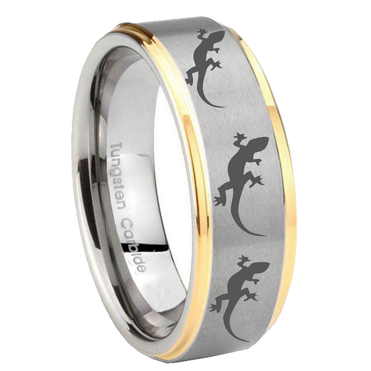 8mm Multiple Lizard Step Edges Gold 2 Tone Tungsten Ring
