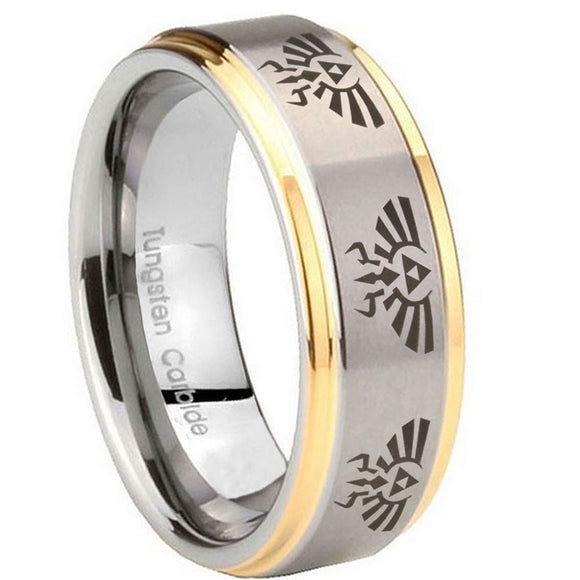 10mm-Multiple-Zelda-Skyward-Sword-Step-Edges-Gold-2-Tone-Tungsten-Rings-for-Men