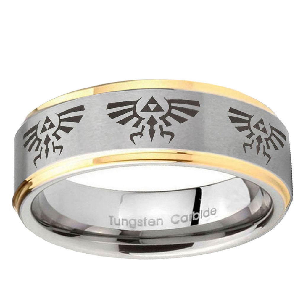 10mm Multiple Zelda Skyward Sword Step Edge Gold 2 Tone Tungsten Rings for Men