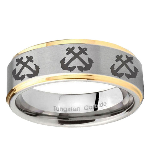 10mm Multiple Anchor Step Edge Gold 2 Tone Tungsten Ring