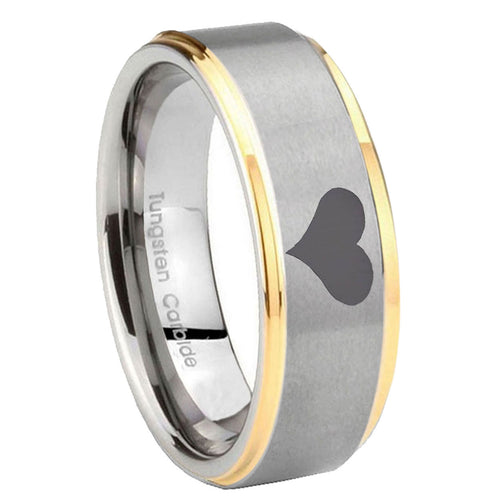 10mm Heart Step Edges Gold 2 Tone Tungsten Carbide Mens Anniversary Ring