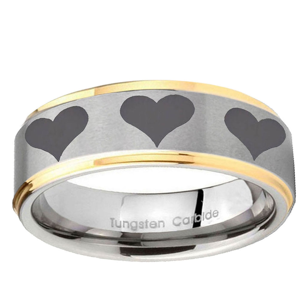 10mm Multiple Heart Step Edge Gold 2 Tone Tungsten Ring