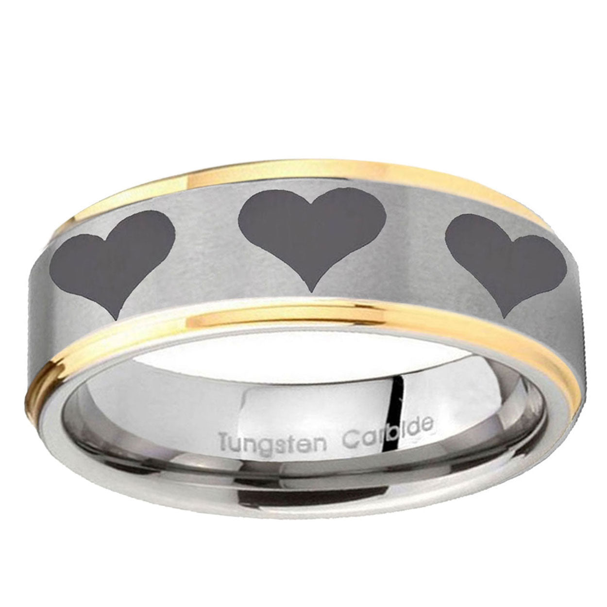 10mm Multiple Heart Step Edge Gold 2 Tone Tungsten Ring