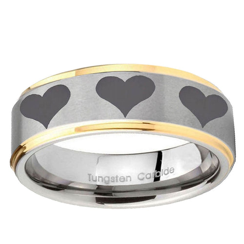 10mm Multiple Heart Step Edge Gold 2 Tone Tungsten Ring