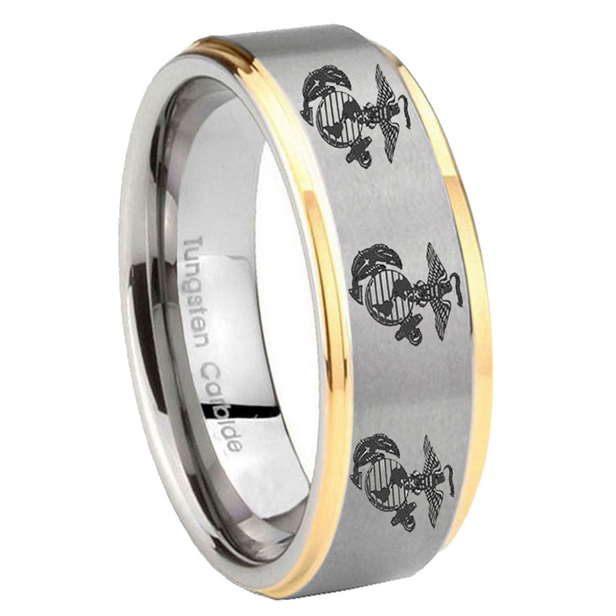 10mm Multiple Marine Step Edges Gold 2 Tone Tungsten Wedding Engraving Ring