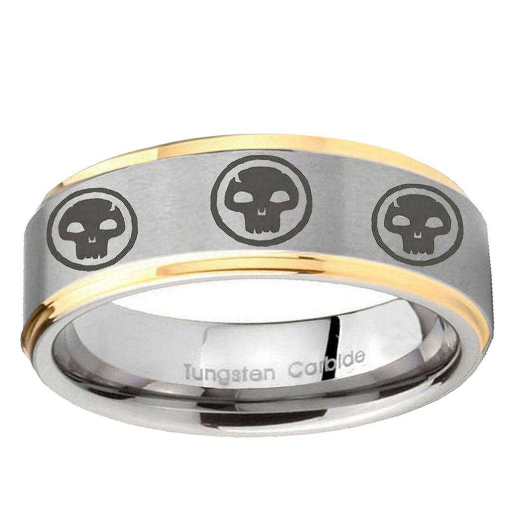 10mm Multiple Skull Step Edge Gold 2 Tone Tungsten Ring