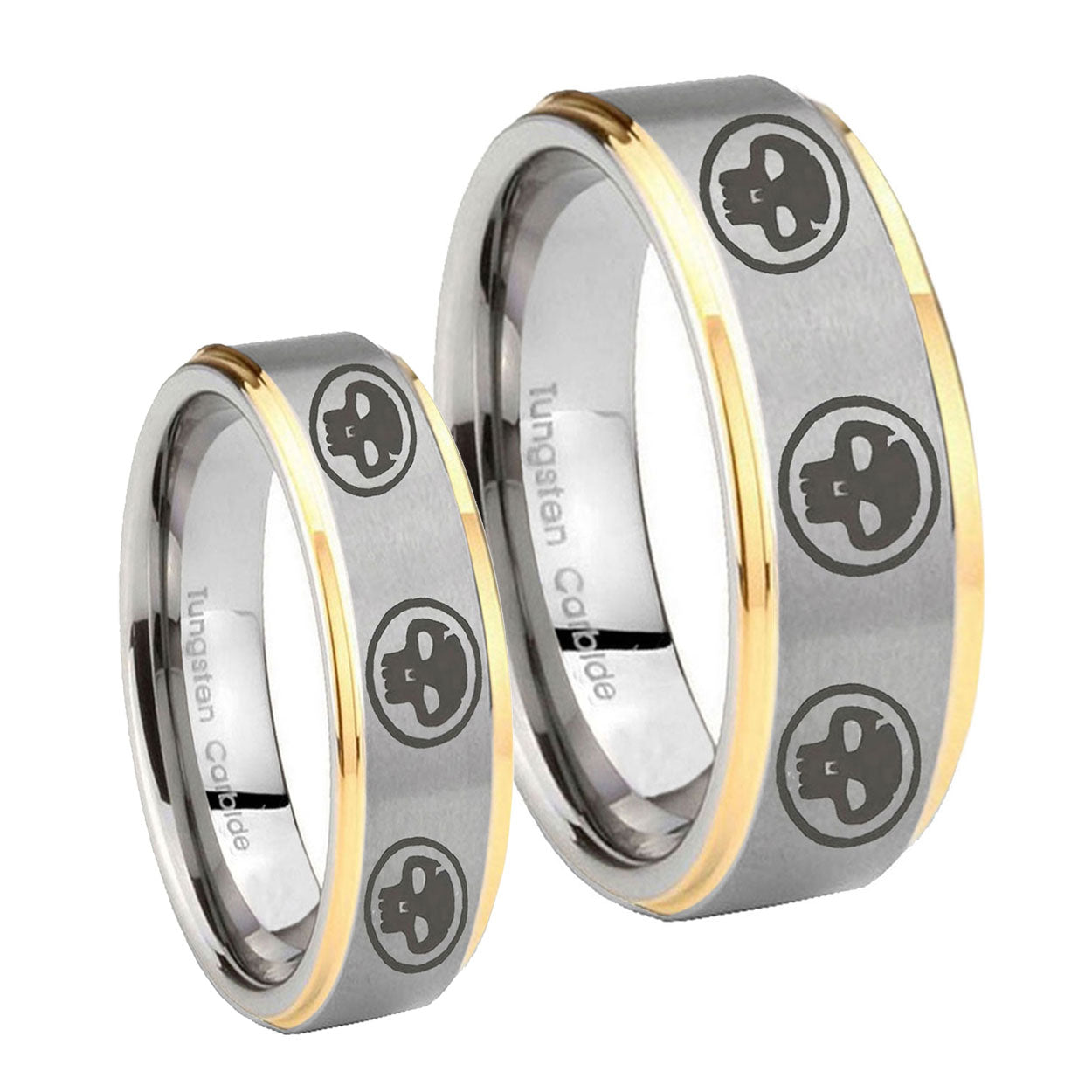 Multiple Skull Step Edges Gold 2 Tone Tungsten Wedding Set Ring