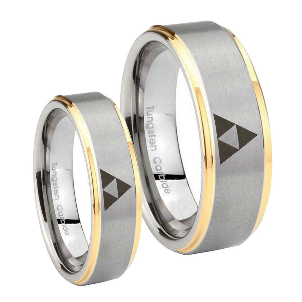 Zelda Triforce Step Edges Gold 2 Tone Tungsten Wedding Set Ring