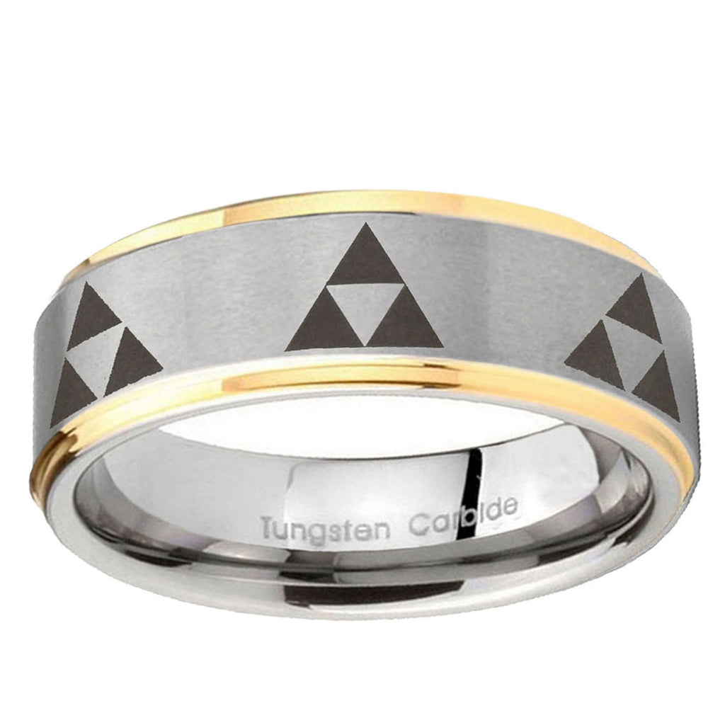10mm Multiple Zelda Triforce Step Edge Gold 2 Tone Tungsten Ring