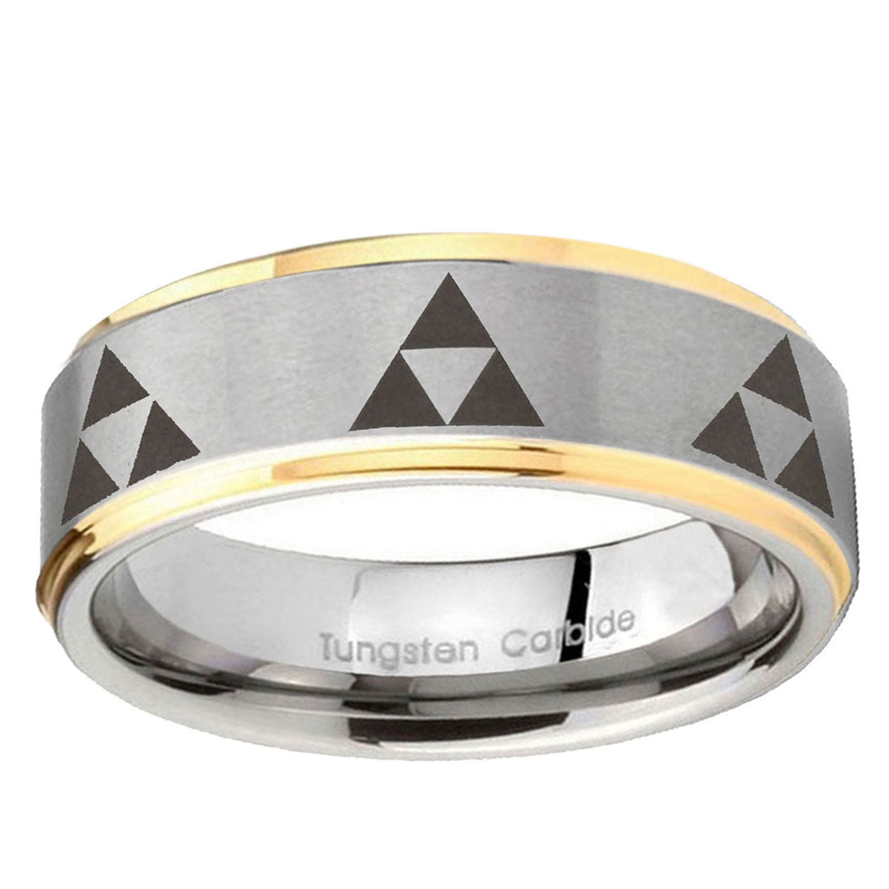 10mm Multiple Zelda Triforce Step Edge Gold 2 Tone Tungsten Ring