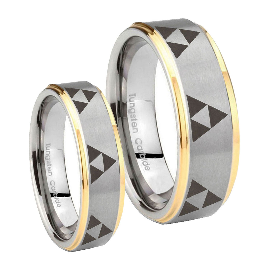 Multiple Zelda Triforce Step Edges Gold 2 Tone Tungsten Matching Ring Set