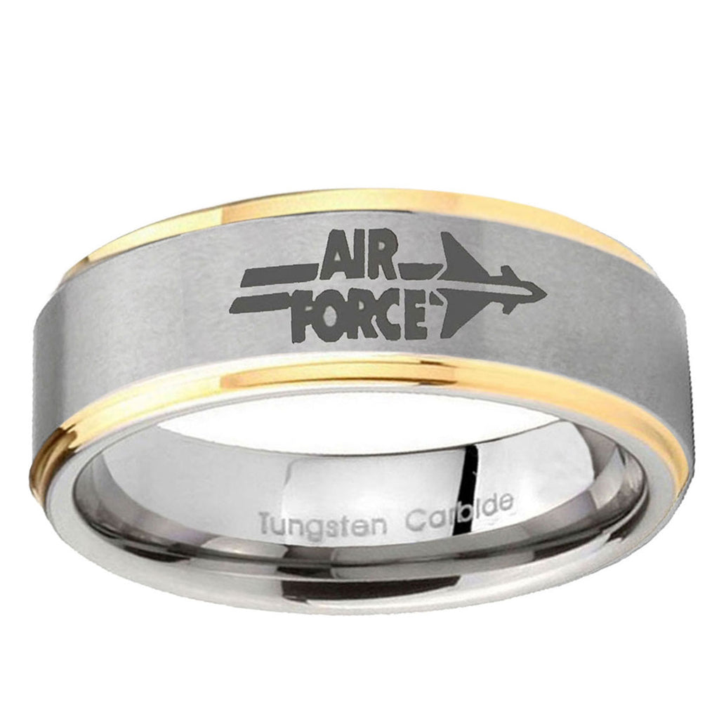 10mm Step Edge Air Force 14K Gold IP Tungsten Two Tone Men's Ring