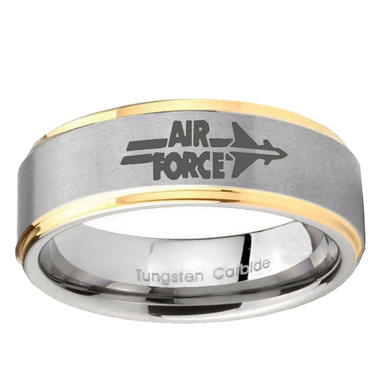 10mm Step Edge Air Force 14K Gold IP Tungsten Two Tone Men's Ring