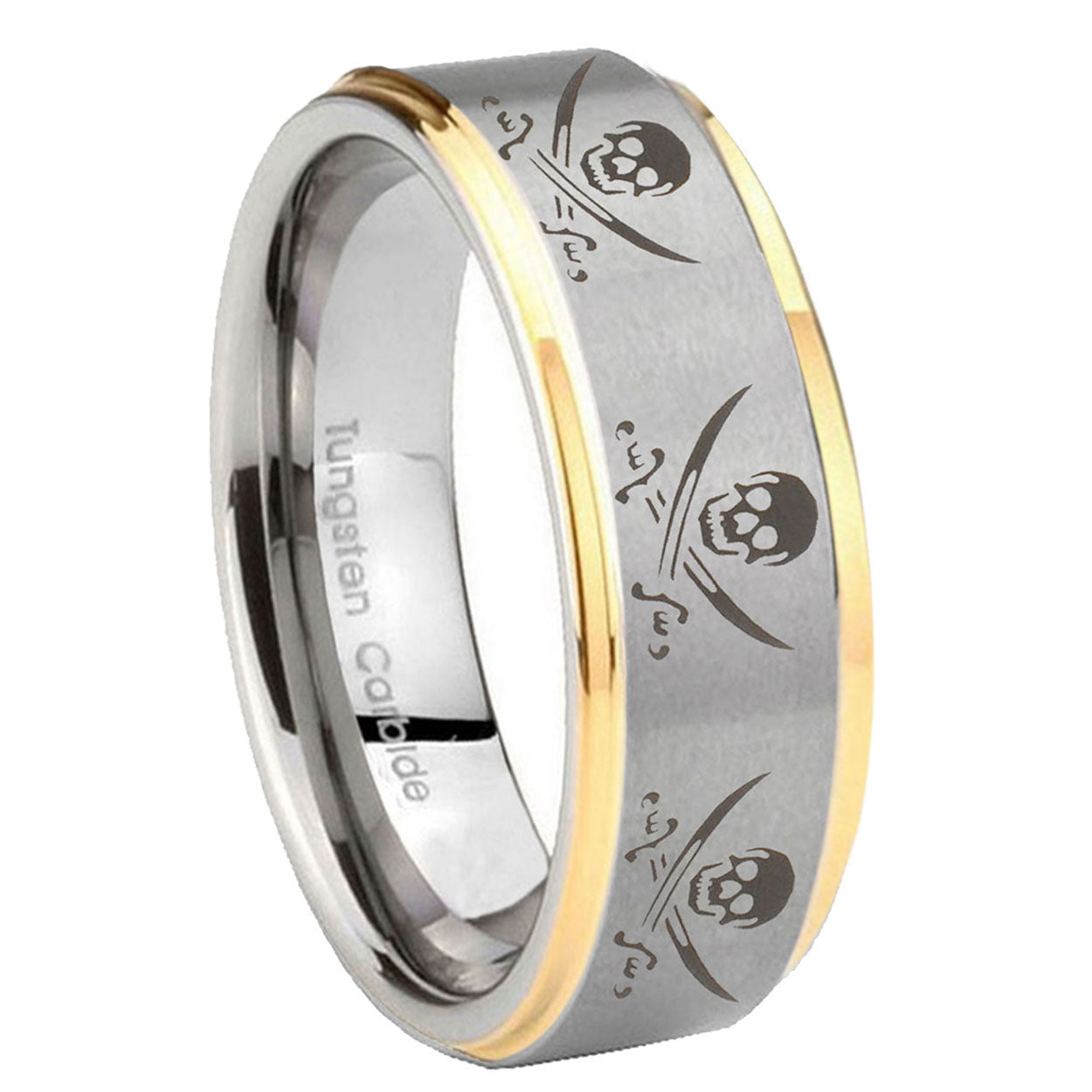 10mm Multiple Skull Pirate Step Edges Gold 2 Tone Tungsten Carbide Promise Ring