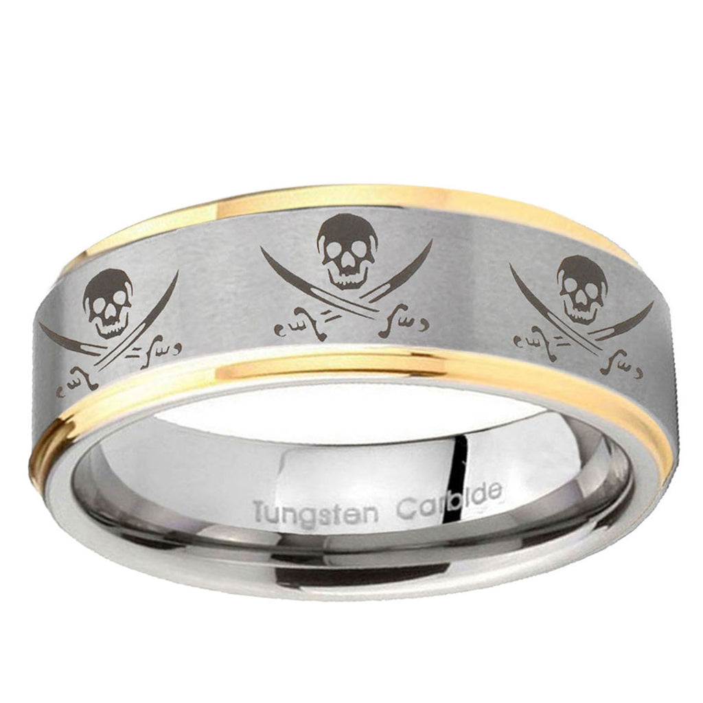 5mm Multiple Skull Pirate Step Edge Gold 2 Tone Tungsten Ring