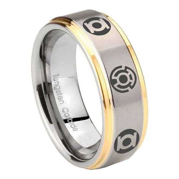 8mm Blue Green Lantern Step Edge Gold and Gray Ring Silver Wedding