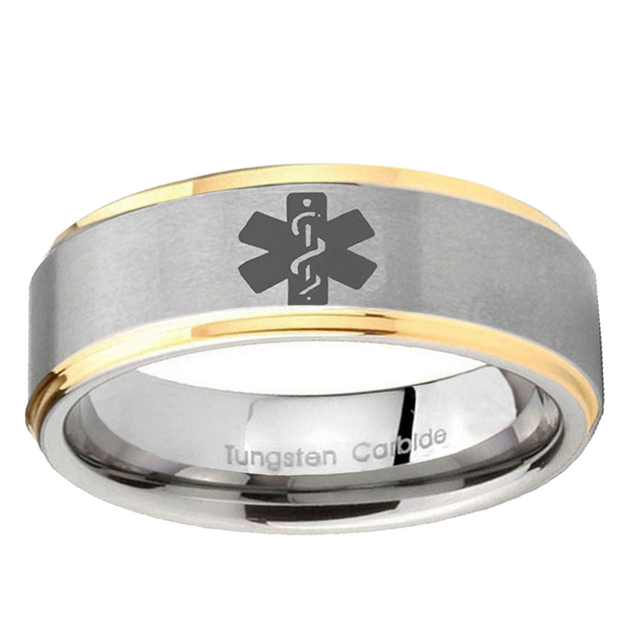 10mm Medical Alert Step Edge Gold 2 Tone Tungsten Ring