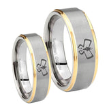 Bride and Groom Monarch Step Edges Gold 2 Tone Tungsten Carbide Men's Ring Set