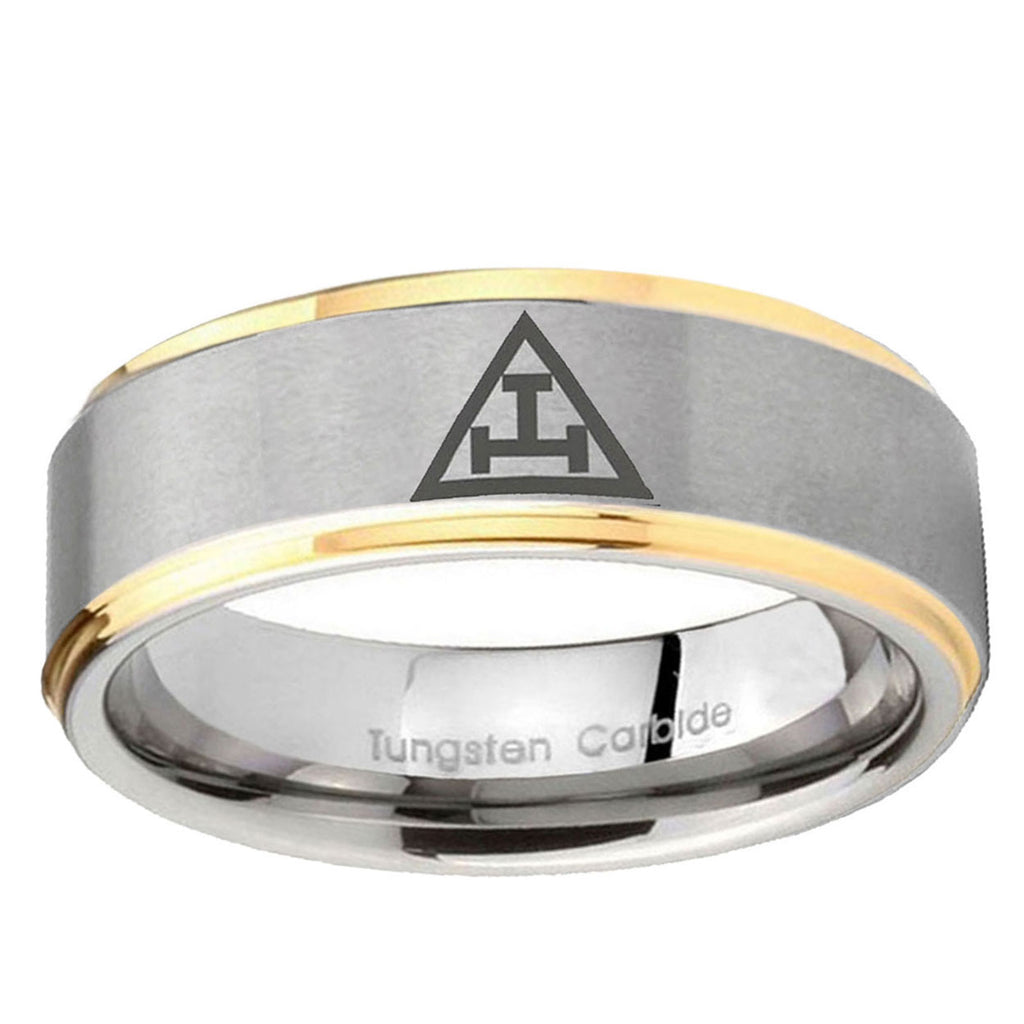 10mm Masonic Triple Step Edge Gold 2 Tone Tungsten Ring