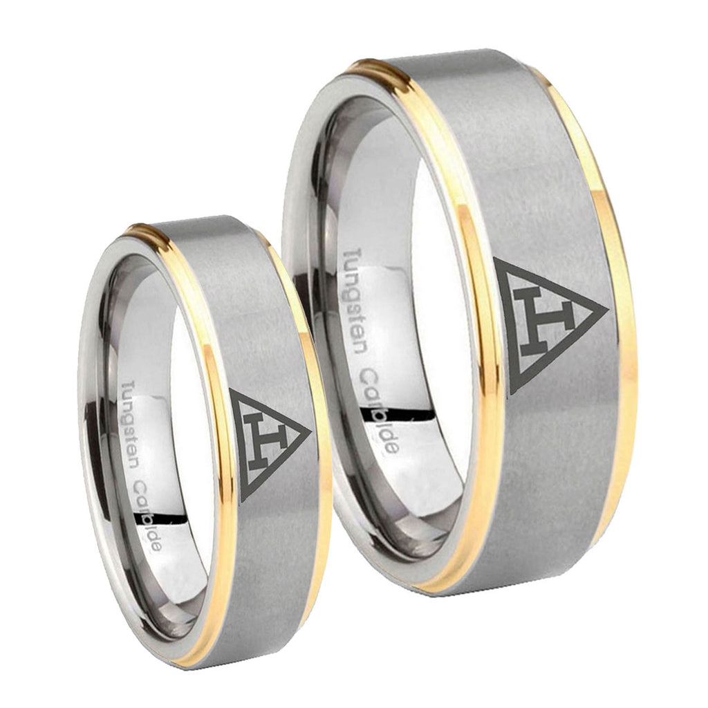 Masonic Triple Step Edges Gold 2 Tone Tungsten Wedding Ring Sets