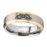 8mm-Flamed-Cross-Step-Edges-Gold-2-Tone-Tungsten-Carbide-Men's-Band-Ring