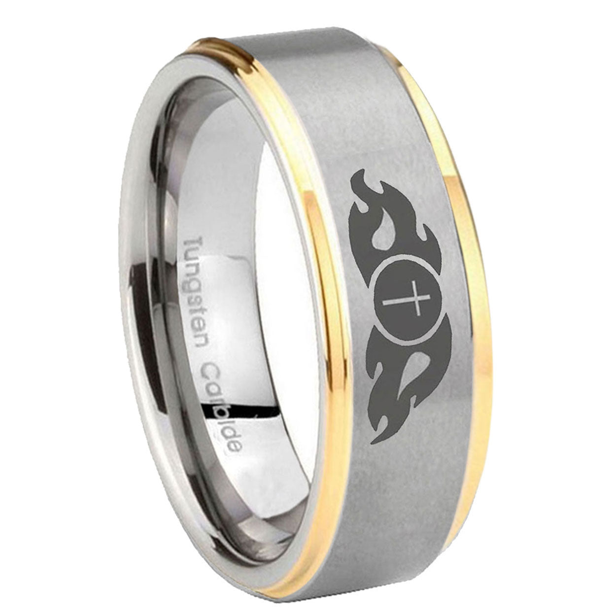 10mm Flamed Cross Step Edges Gold 2 Tone Tungsten Carbide Mens Anniversary Ring