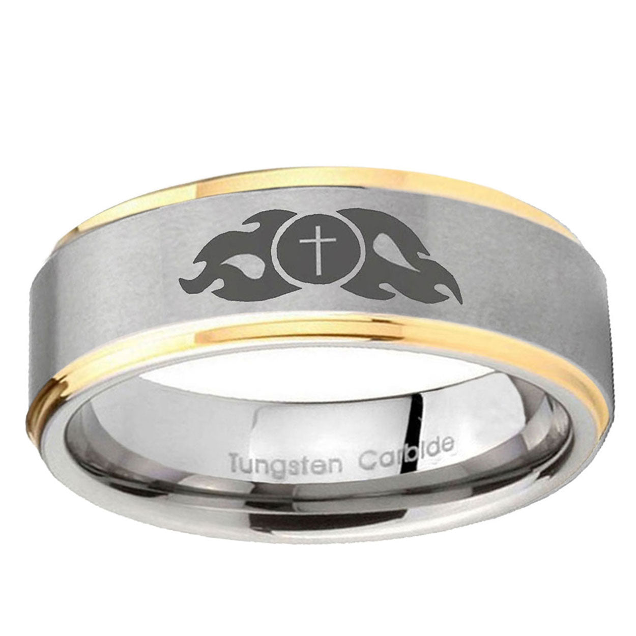 10mm Flamed Cross Step Edge Gold 2 Tone Tungsten Ring