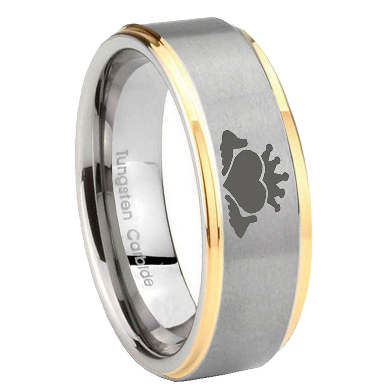 8mm Claddagh Design Step Edges Gold 2 Tone Tungsten Ring