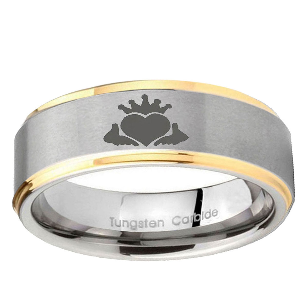 10mm Claddagh Design Step Edge Gold 2 Tone Tungsten Ring