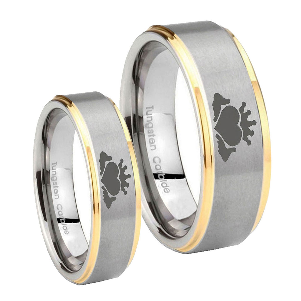 Claddagh Design Step Edges Gold 2 Tone Tungsten Bridal Ring Sets