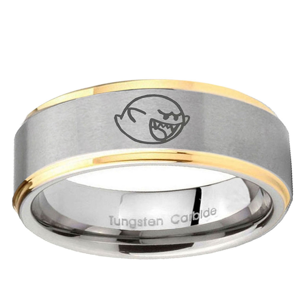 10mm Mario Boo Ghost Step Edge Gold 2 Tone Tungsten Ring