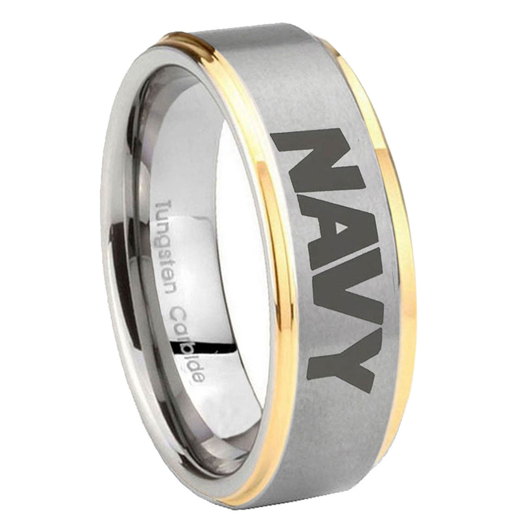 10mm Navy Step Edges Gold 2 Tone Tungsten Carbide Wedding Bands Ring