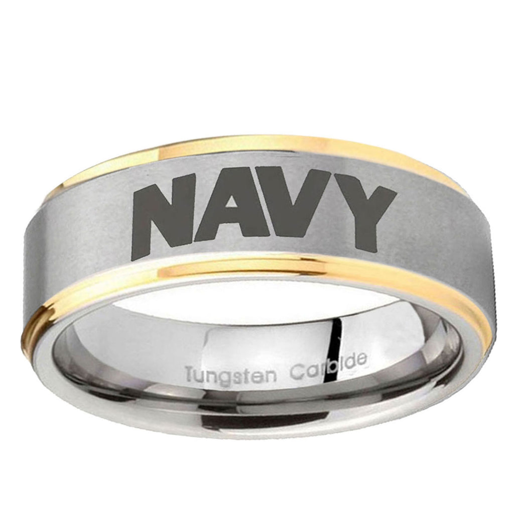 10mm Navy Step Edge Gold 2 Tone Tungsten Ring