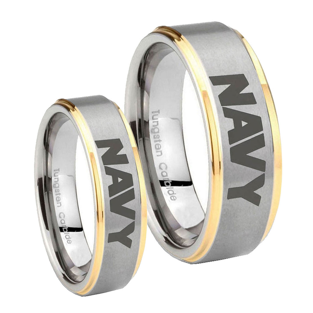 Navy Step Edges Gold 2 Tone Tungsten Wedding Band Set