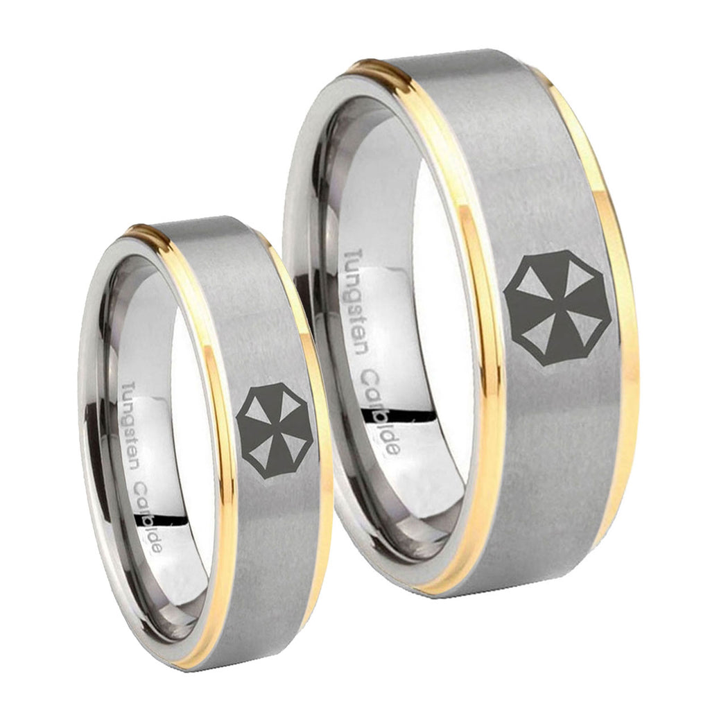Resident Evil Step Edges Gold 2 Tone Tungsten Wedding Ring Sets